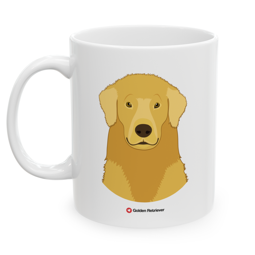 Left view white ceramic 11 oz mug featuring a drawing of a Golden Retriever Dog. Clean white background.