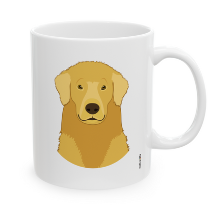 Right view white ceramic 11 oz mug featuring a drawing of a Golden Retriever Dog. Clean white background