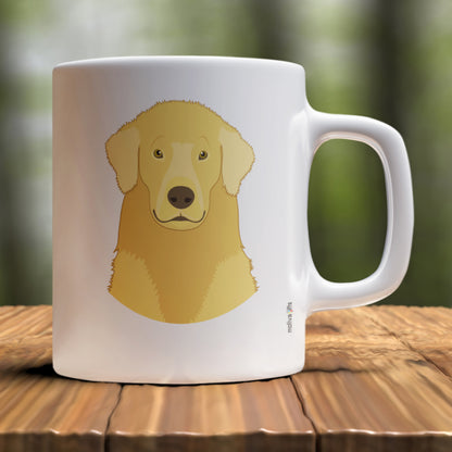 Golden Retriever Love Dogs White 11 oz Ceramic Mug, featuring a wooden table in a relaxing environment. 