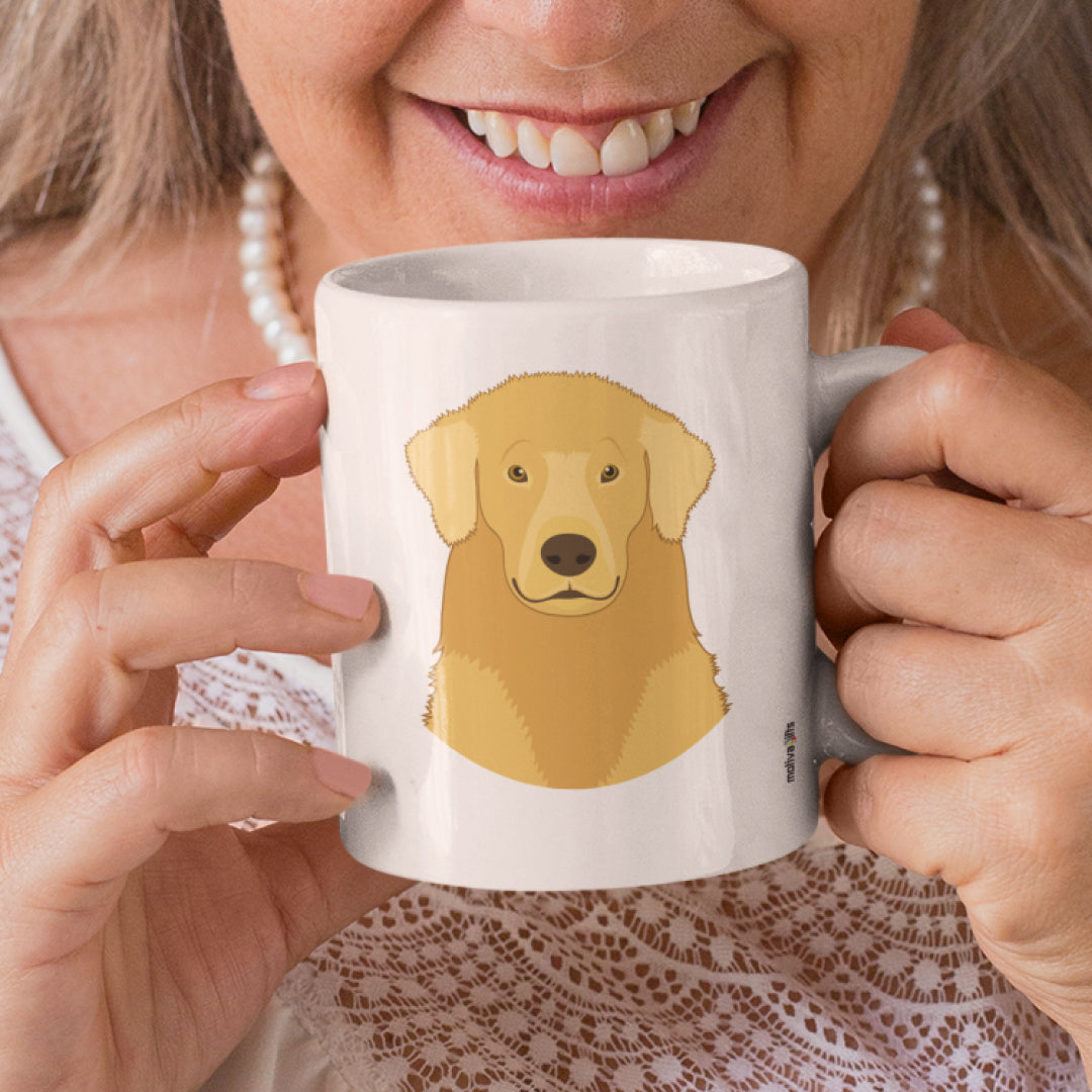 A woman holding a white 11oz ceramic mug featuring Golden Retriever Dog art printed on both sides