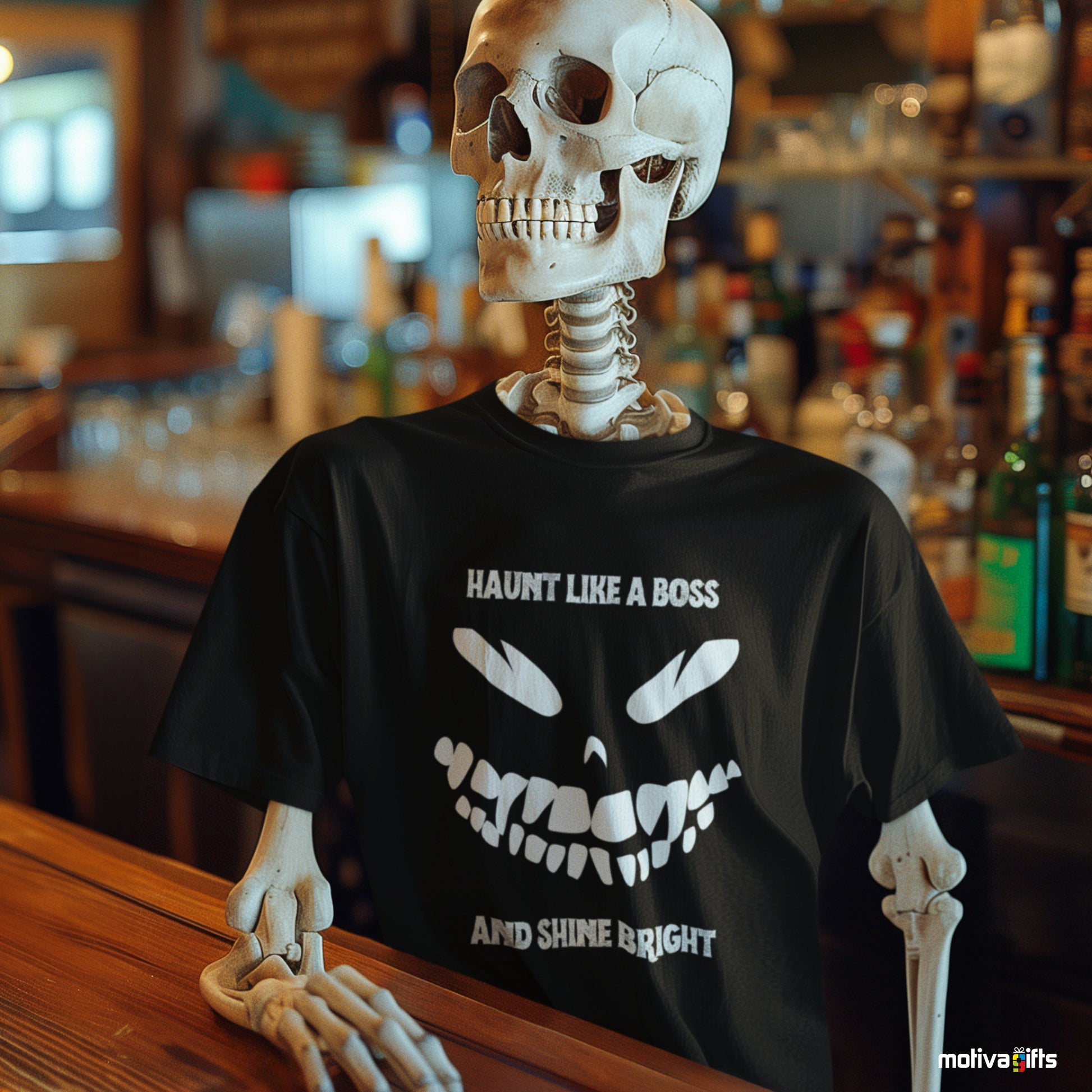 Skeleton wearing a Haunt Like a Boss and Shine Bright Unisex Black Tshirt