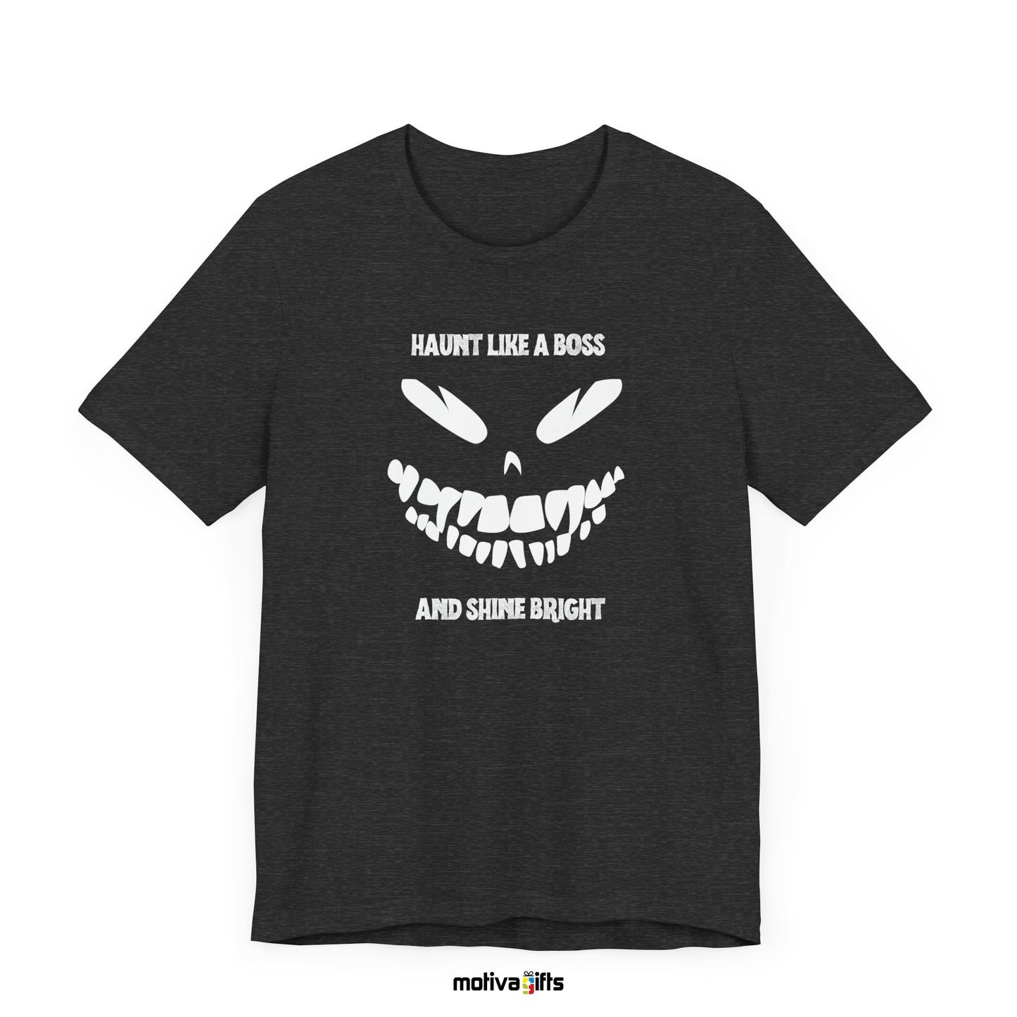 Haunt Like a Boss and Shine Bright Unisex Crewneck Tshirt_Dark Grey Heather_Front_Motiva Gifts 