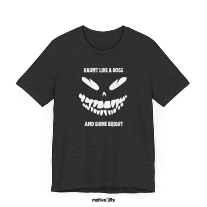 Haunt Like a Boss and Shine Bright Unisex Crewneck Tshirt_Dark Grey Heather_Front_Motiva Gifts 