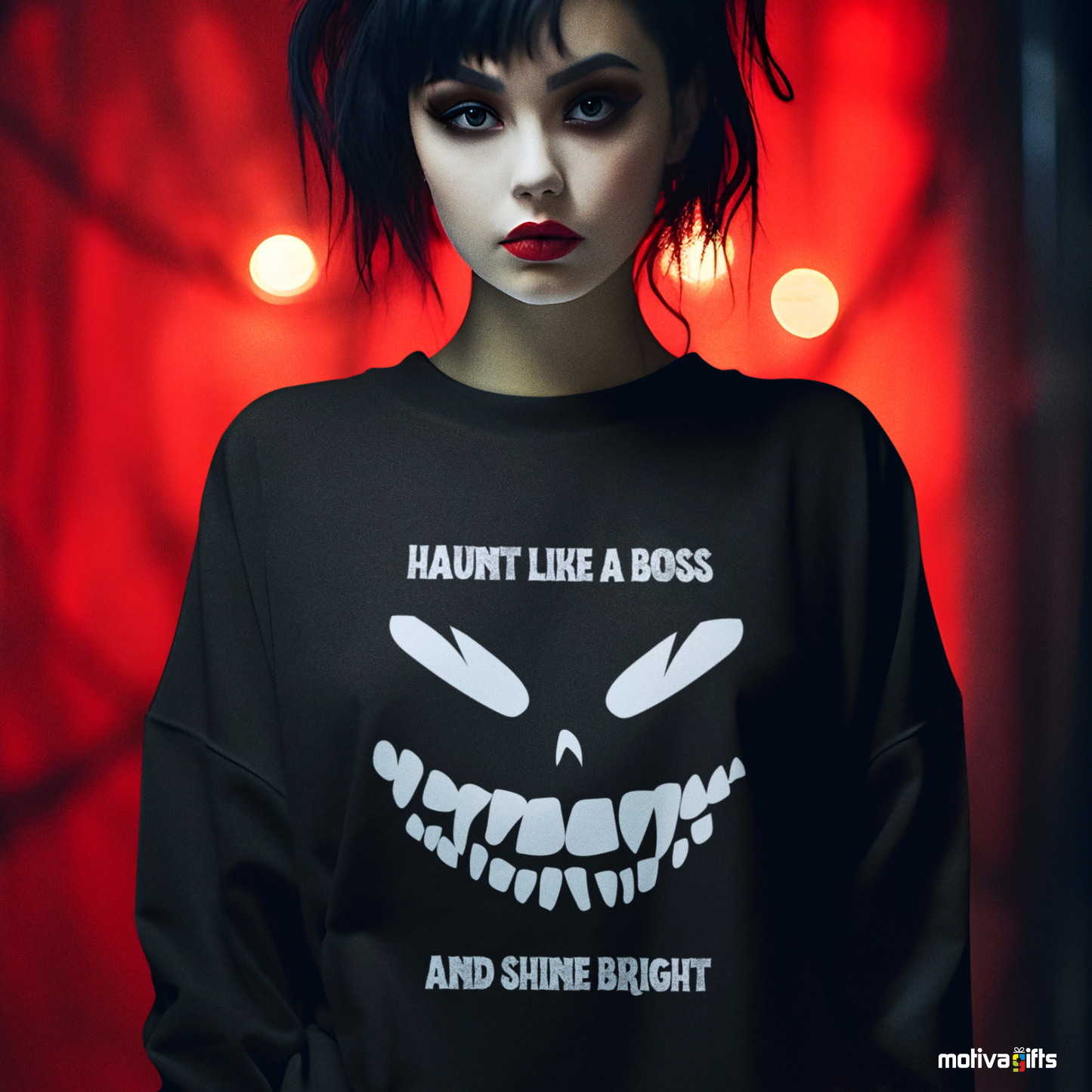 Women wearing a Haunt Like a Boss and Shine Bright Unisex Black Sweatshirt