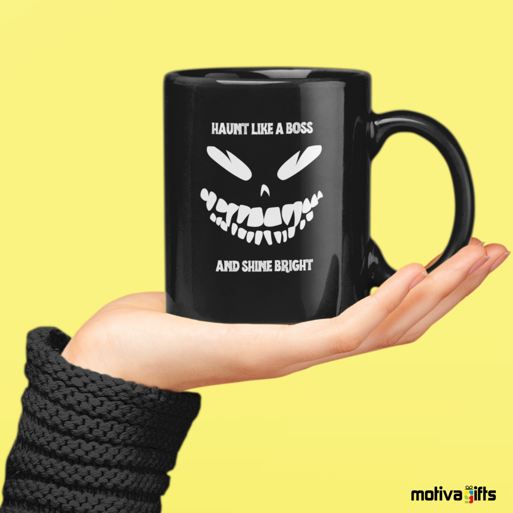 Woman holding a Mug Haunt Like a Boss and Shine Bright ,Black,11 oz, Motiva Gifts