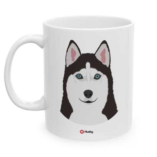 Left view white ceramic 11 oz mug featuring a drawing of a Husky Dog. Clean white background.