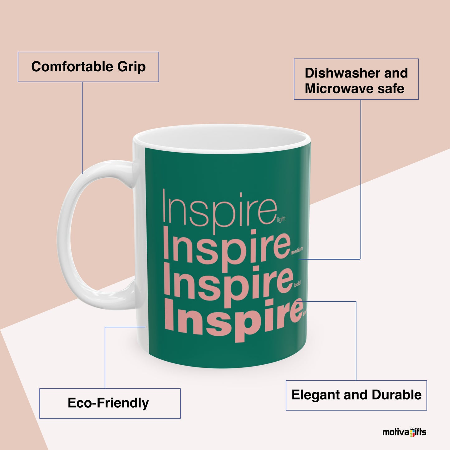 Inspire Motivate Words Green Mug Benefits: comfortable grip, eco-friendly, dishwasher and microwave safe, elegant and durable. By Motiva Gifts.