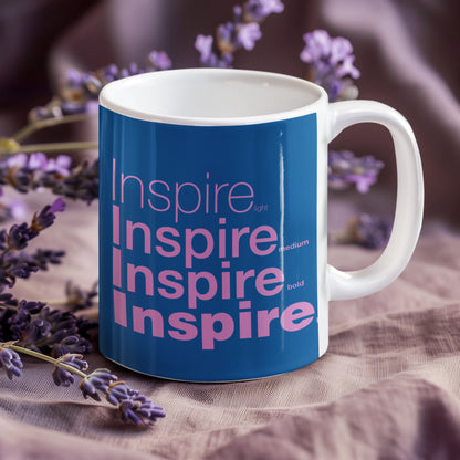 Right View 'Inspire' Blue Mug placed on a table, back lavender flowers. 