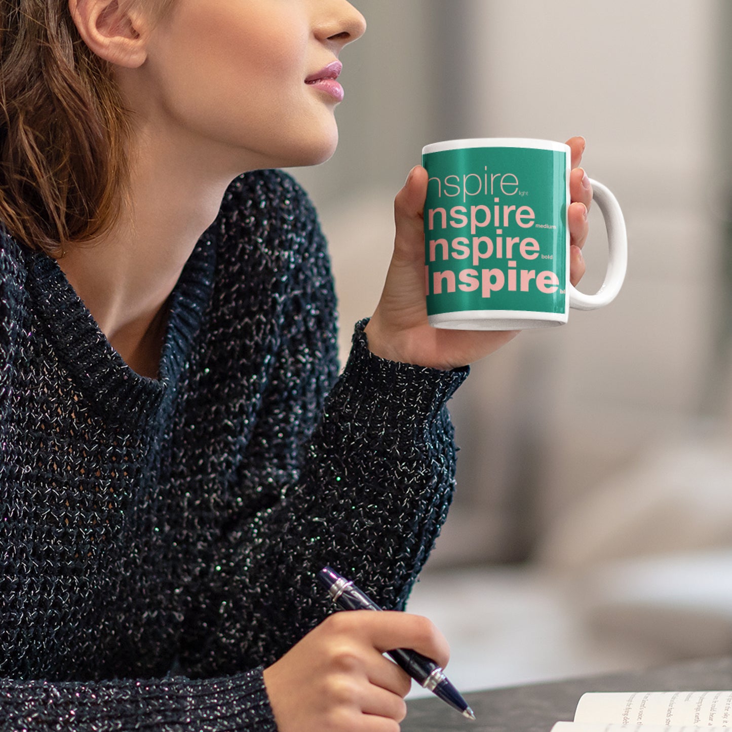 Woman holding a Inspire Wraparound 11 oz Ceramic Mug from Motivate Words Collection, perfect for coffee lovers and dreamers.