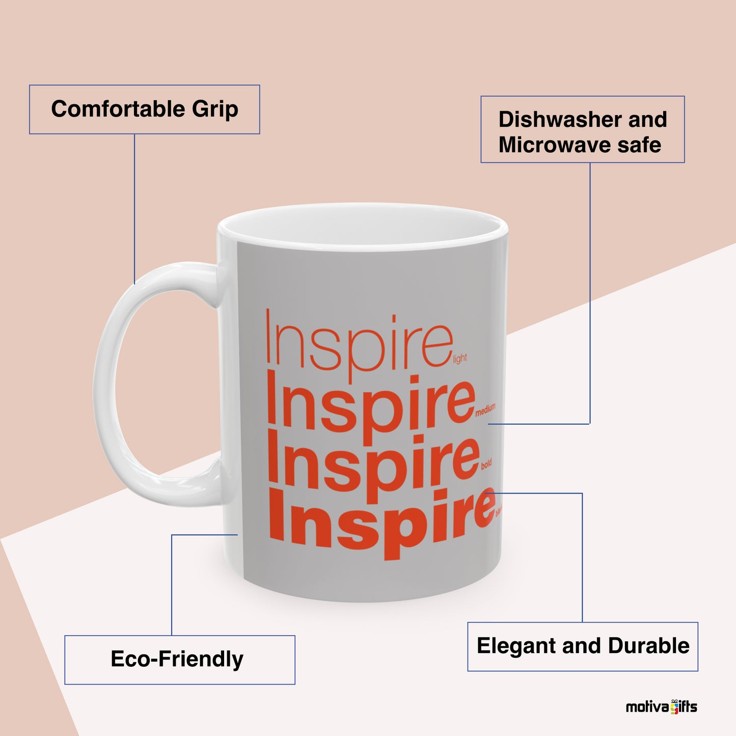 Inspire Motivate Words Grey Mug Benefits: comfortable grip, eco-friendly, dishwasher and microwave safe, elegant and durable. By Motiva Gifts.