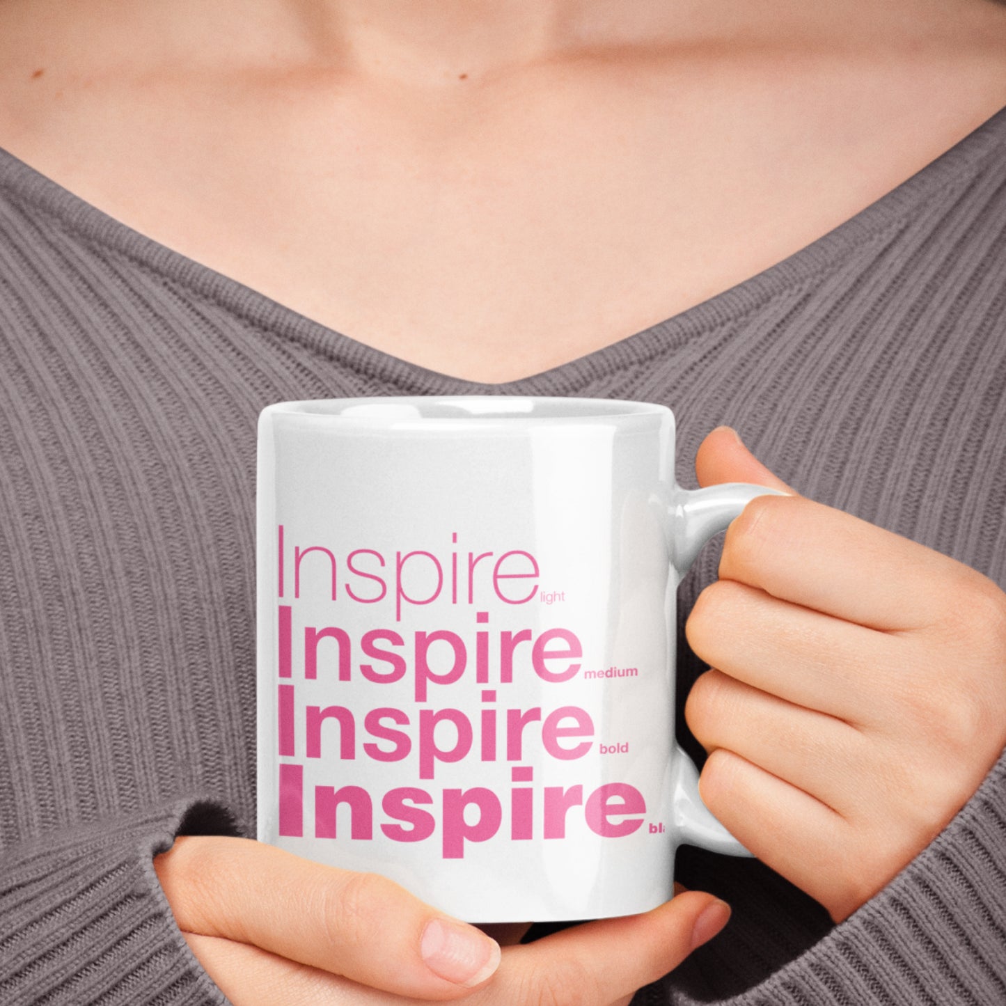 Woman holding a Inspire White Wraparound 11 oz Ceramic Mug