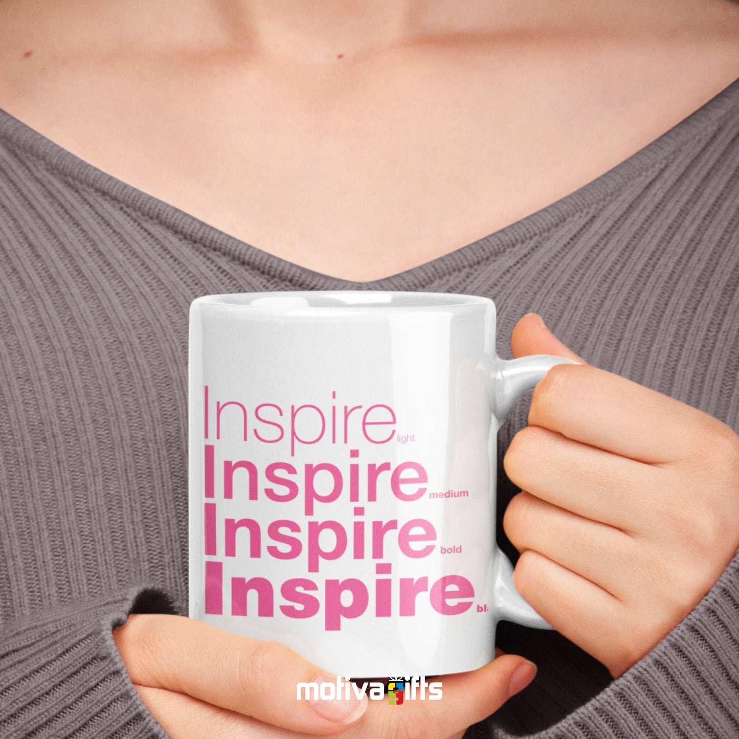 Woman holding a Inspire Motivate Words White Mug - Motiva Gifts