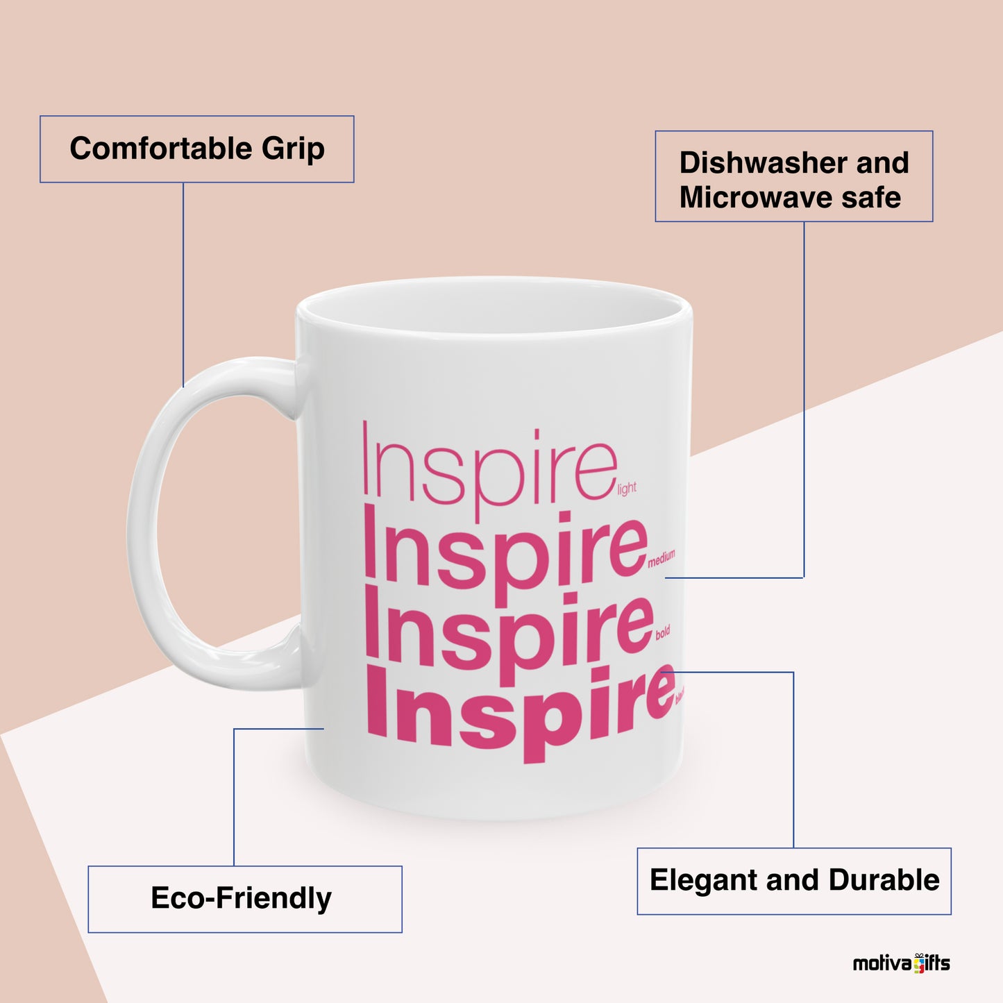 Inspire Motivate Words White Mug Benefits: comfortable grip, eco-friendly, dishwasher and microwave safe, elegant and durable. By Motiva Gifts.