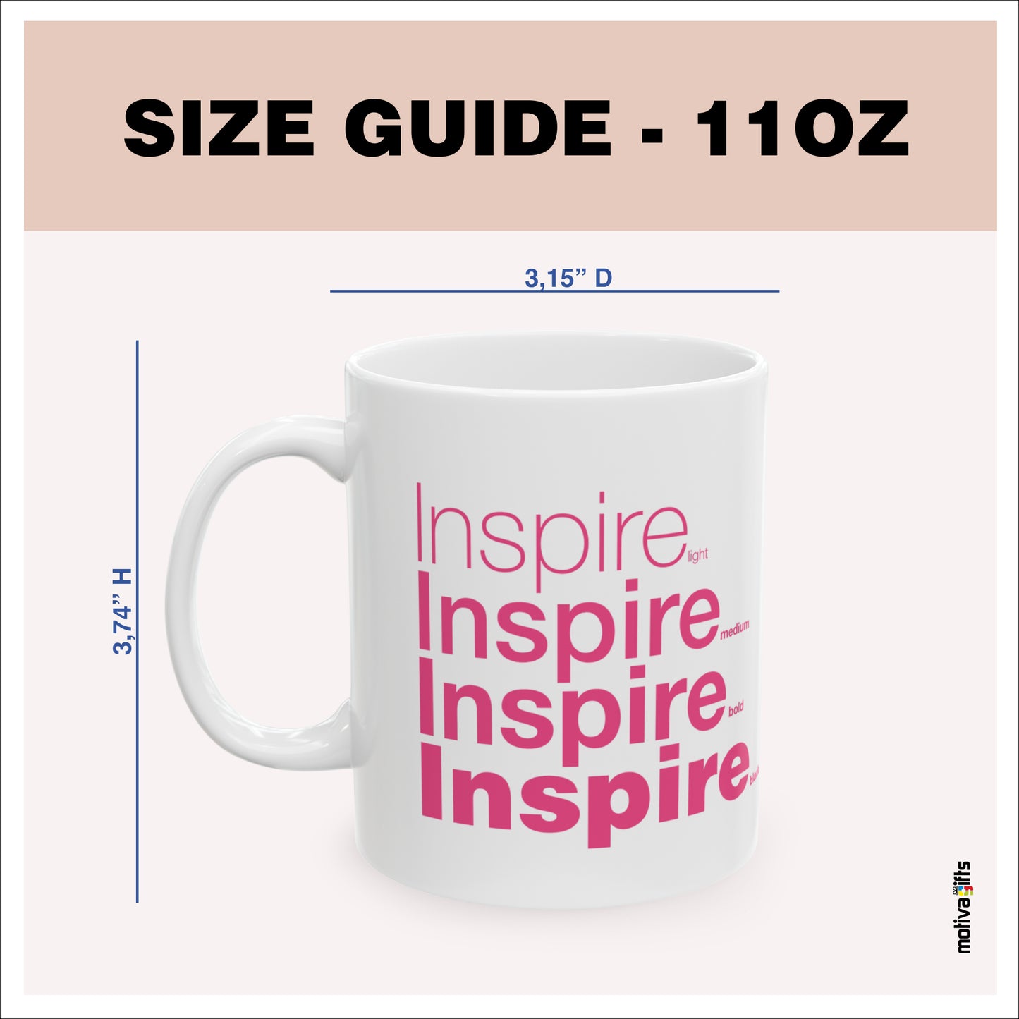 Size guide - 11 oz mug - 3.74H x3.15D