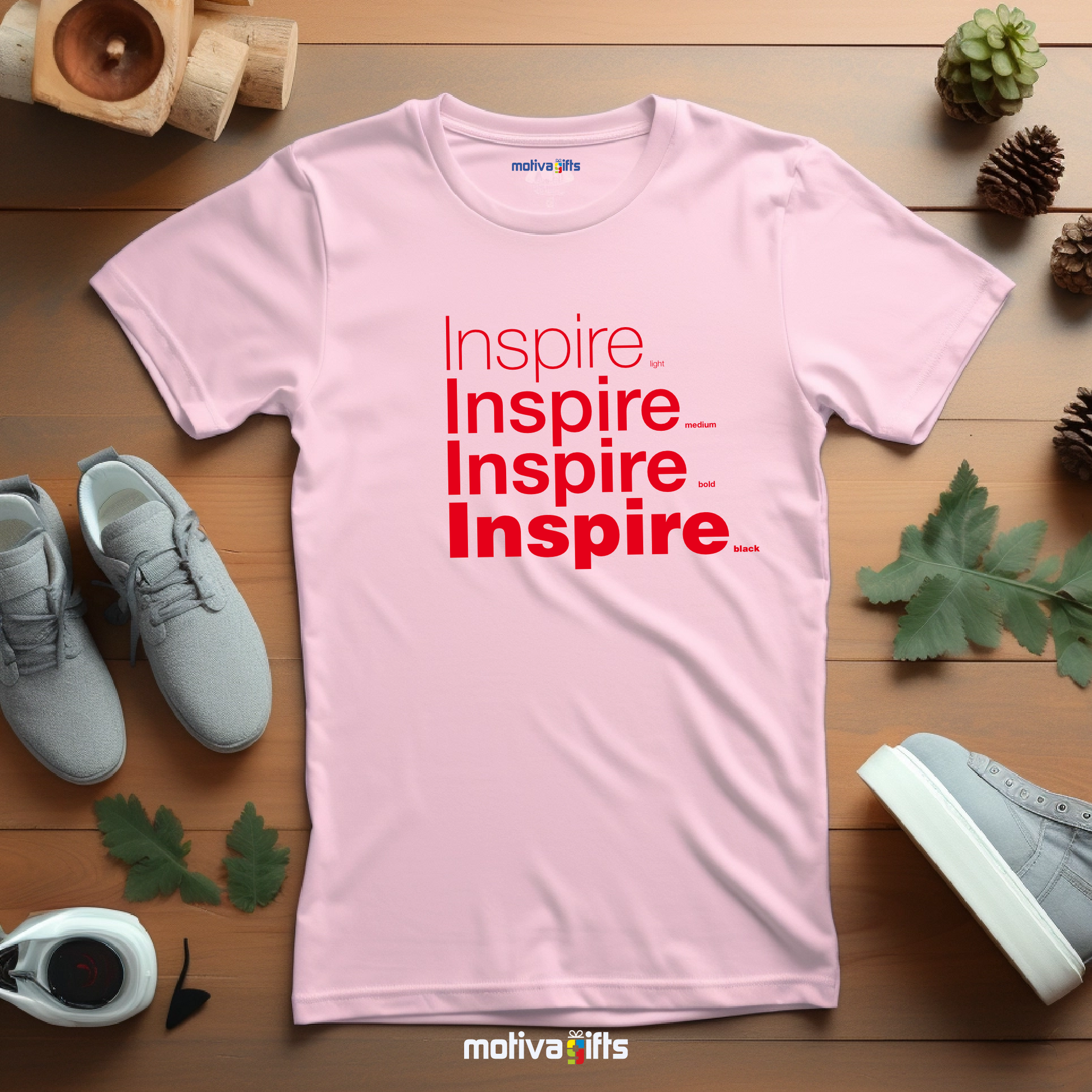  Flatlay image of a Little Pink unisex t-shirt with Inspire printed in red on the front in four lines with different font weights (light, medium, bold, black). Made of cotton and polyester, short sleeves, crew neck. By Motiva Gifts.