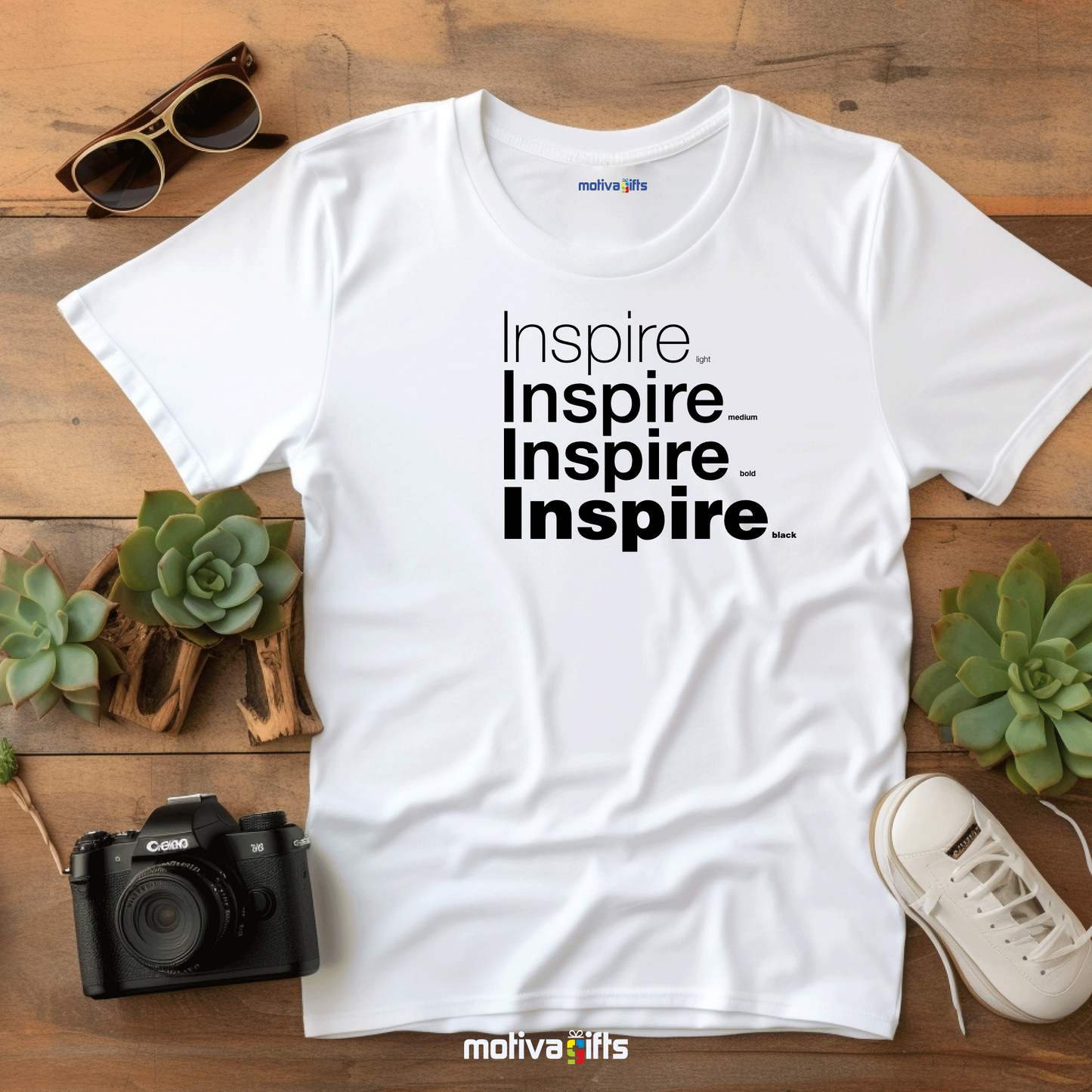 Flatlay image of a White unisex t-shirt with Inspire printed in black on the front in four lines with different font weights (light, medium, bold, black). Made of cotton and polyester, short sleeves, crew neck. By Motiva Gifts.