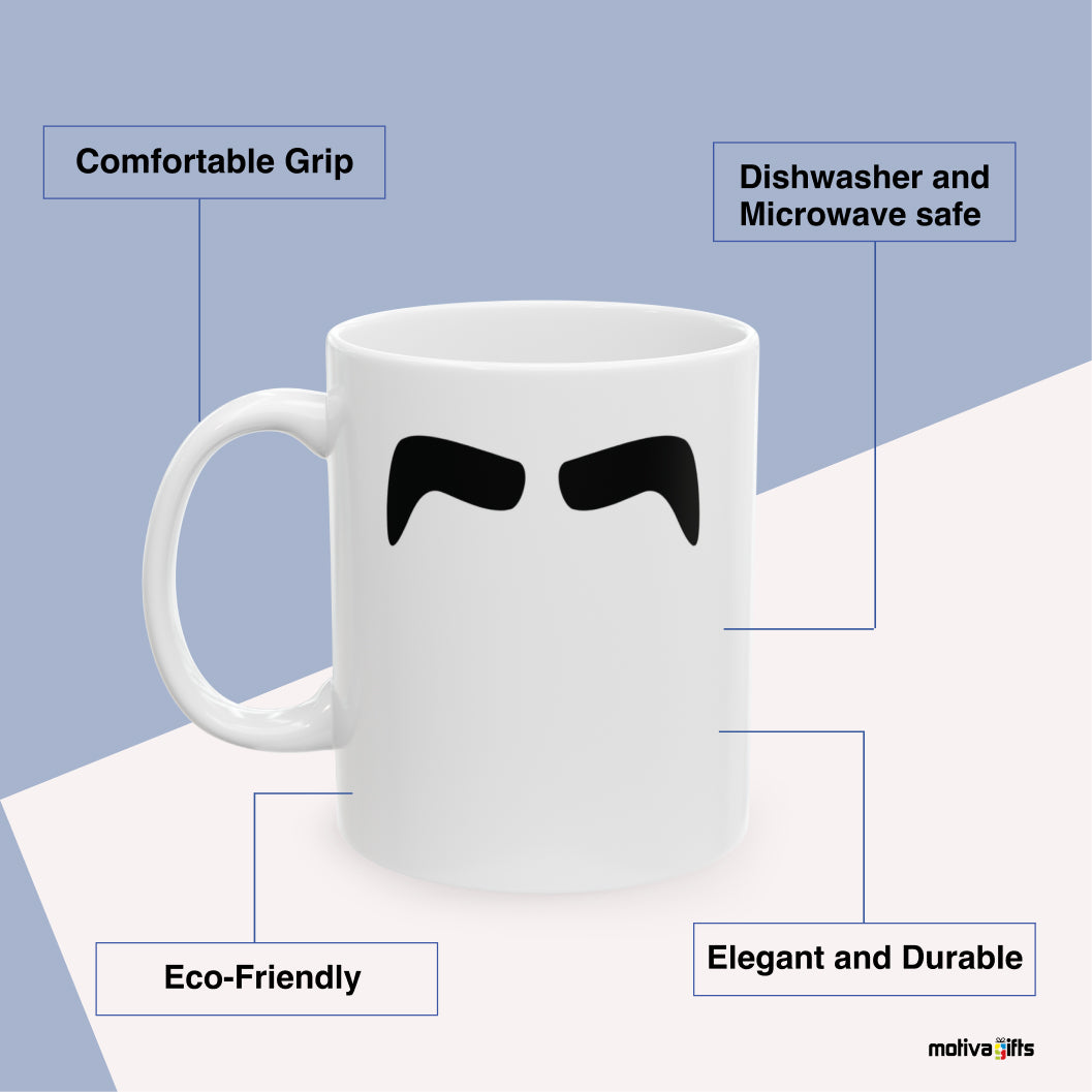 John Lennon Mustache Mug Benefits: comfortable grip, eco-friendly, dishwasher and microwave safe, elegant and durable. By Motiva Gifts.