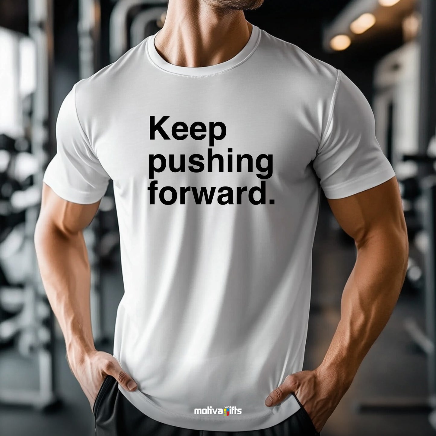 A man wearing a white T-shirt featuring bold black typography that reads Keep pushing forward 