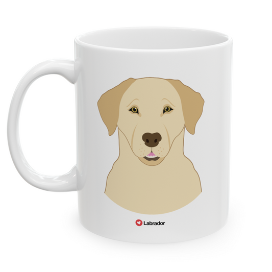 Left view white ceramic 11 oz mug featuring a drawing of a Labrador Dog. Clean white background.