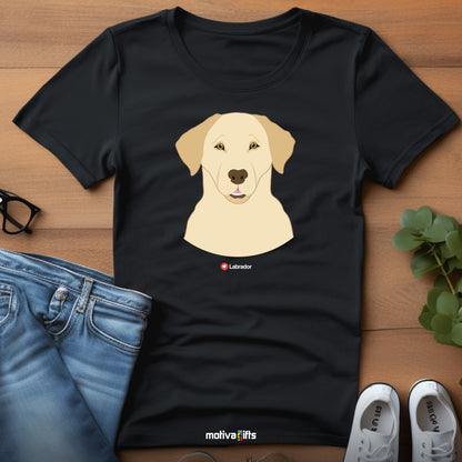 Flatlay, black tshirt with Labrador design on the front, front view, by Motiva Gifts.