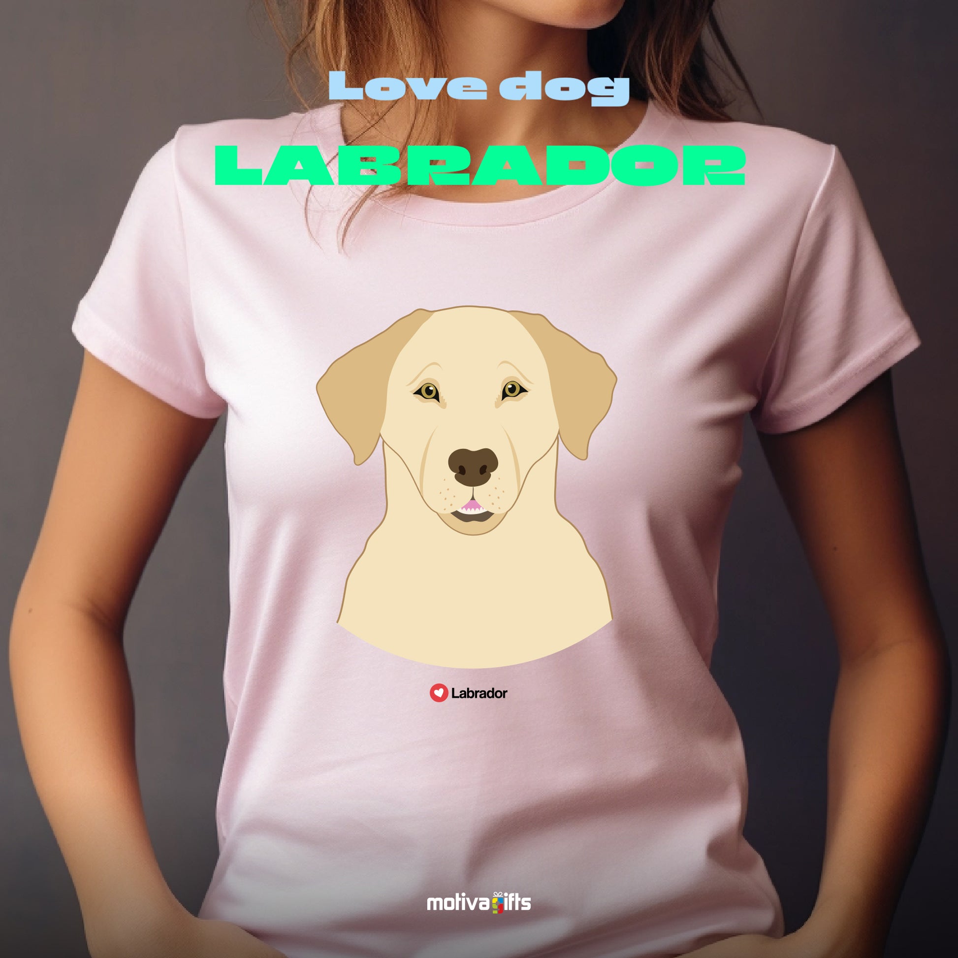 Woman wearing light pink tshirt with Labrador design on the front, front view, by Motiva Gifts.