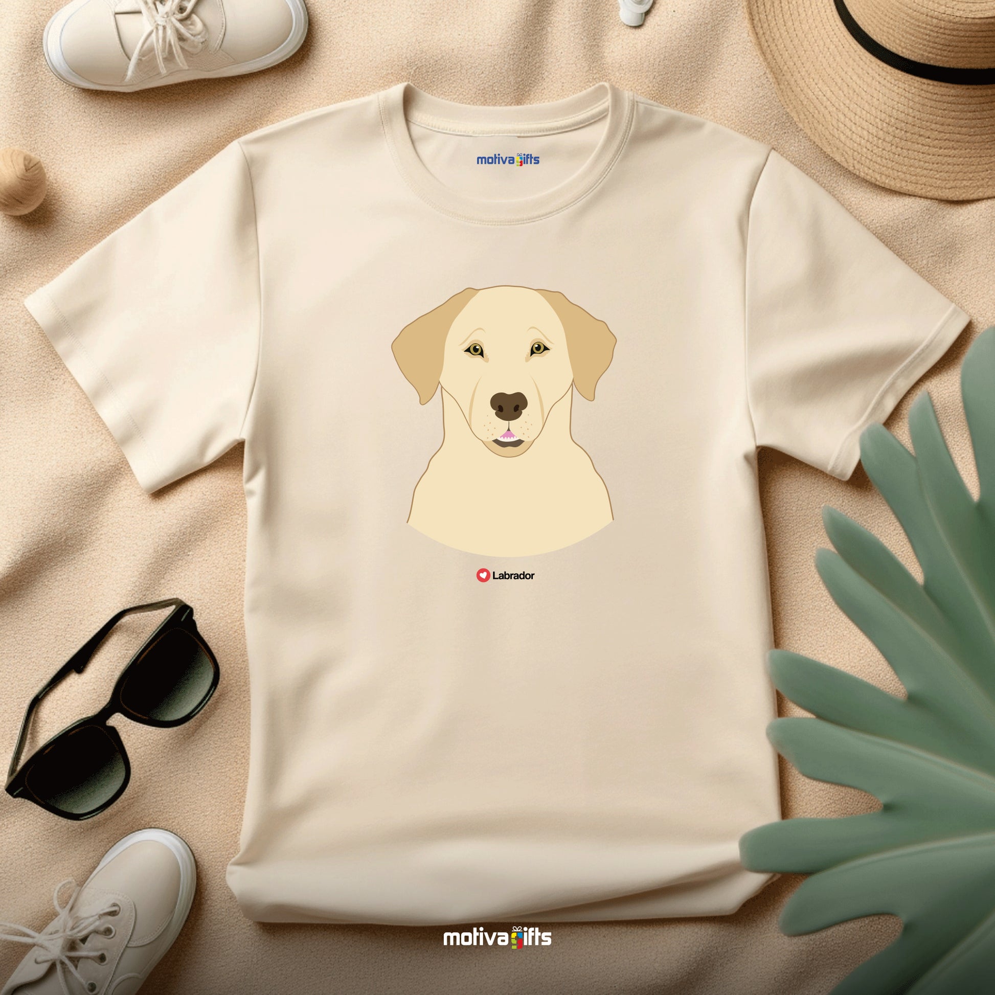 Flatlay, sand tshirt with Labrador design on the front, front view, by Motiva Gifts.