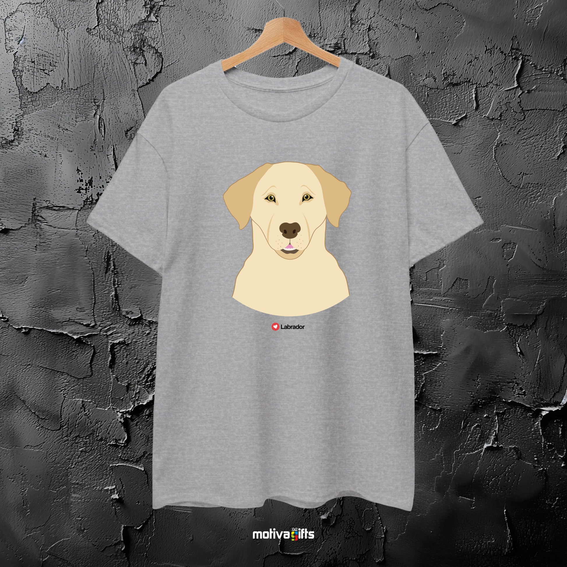 Flatlay, sport gray tshirt with Labrador design on the front, front view, by Motiva Gifts.