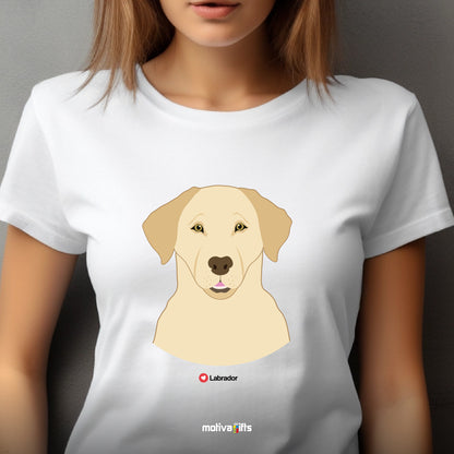 Woman wearing white tshirt with Labrador design on the front, front view, by Motiva Gifts.