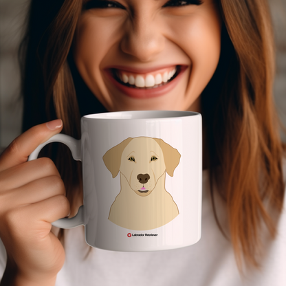 Explore the Love Dogs Collection: Woman Holds Unique  Labrador  dog Design on a White 11oz Ceramic Mug, Exclusively at Motiva Gifts. Savor Your Coffee with Style!