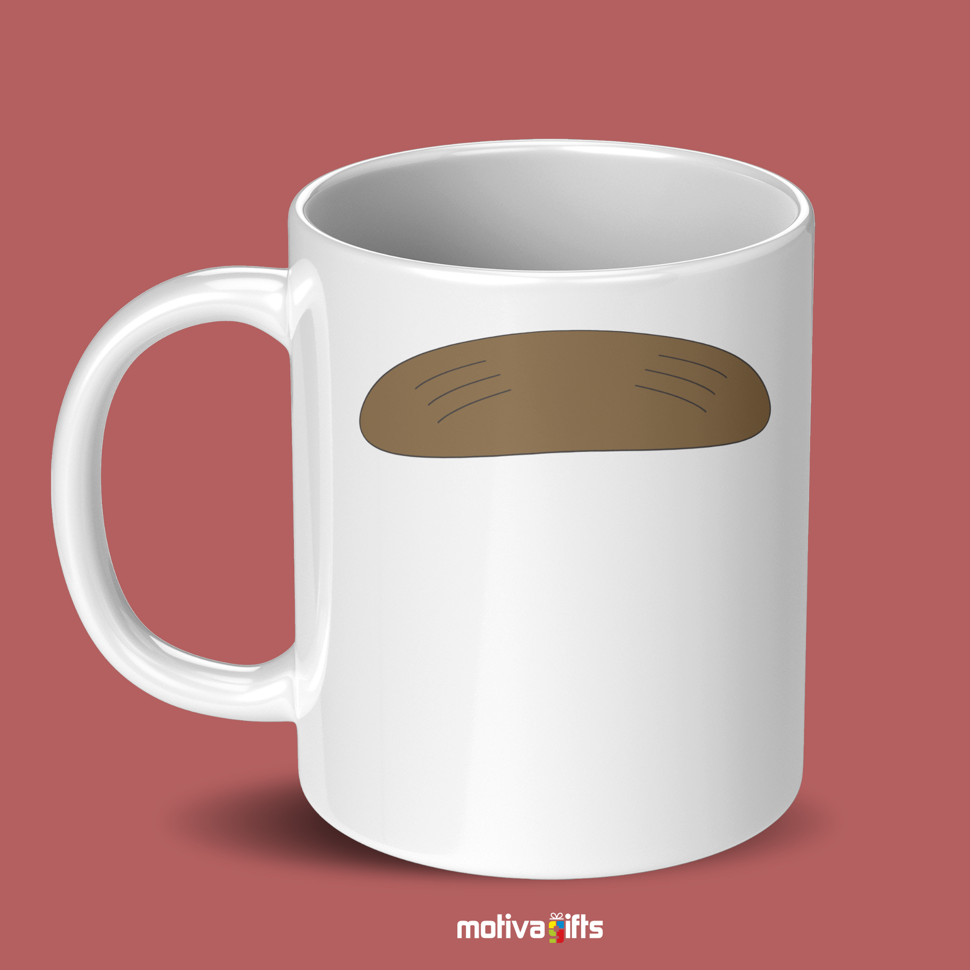 Left view of white coffee mug with gray mustache design inspired by Ned Flanders By Motiva Gifts