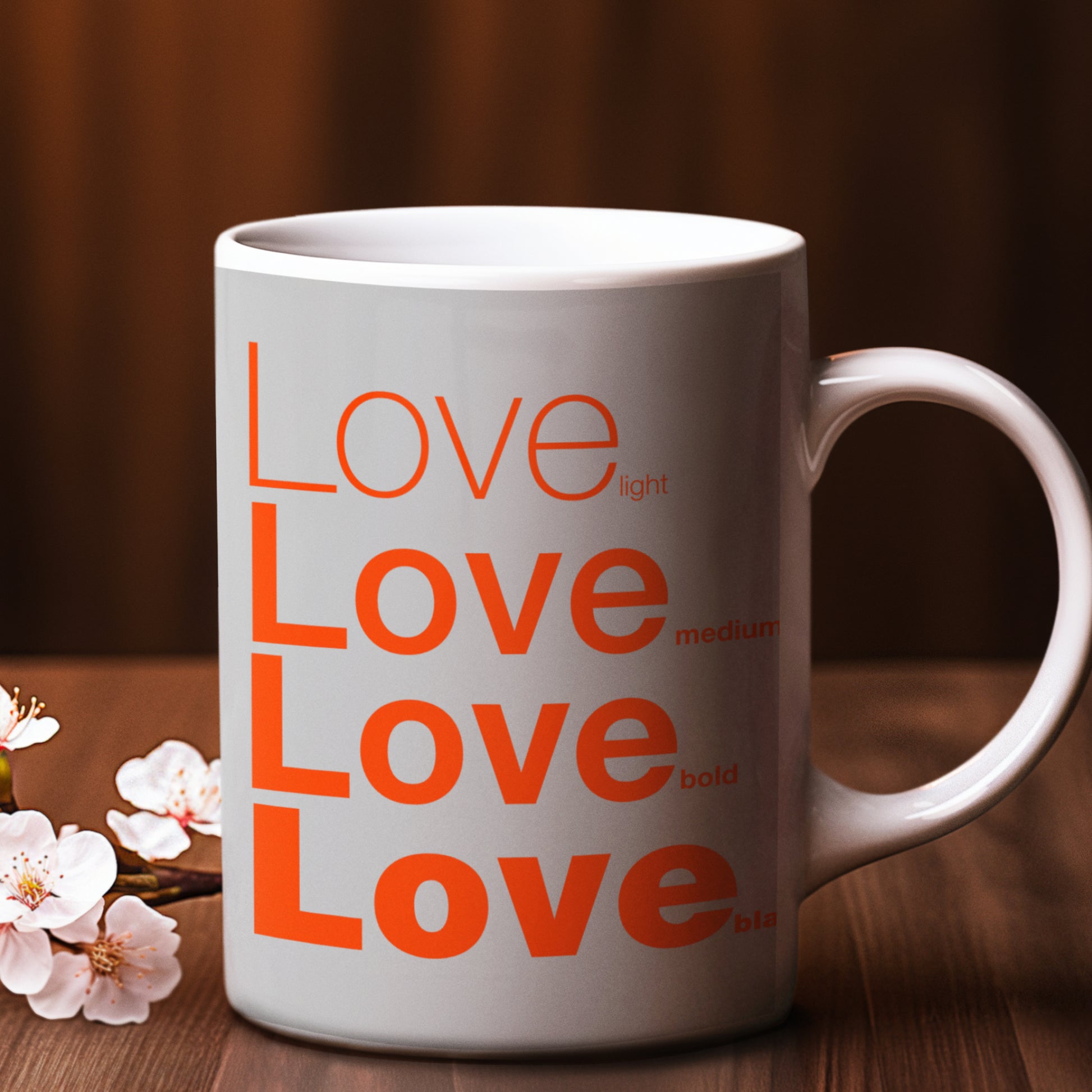 Love Grey Mug placed on a wooden table