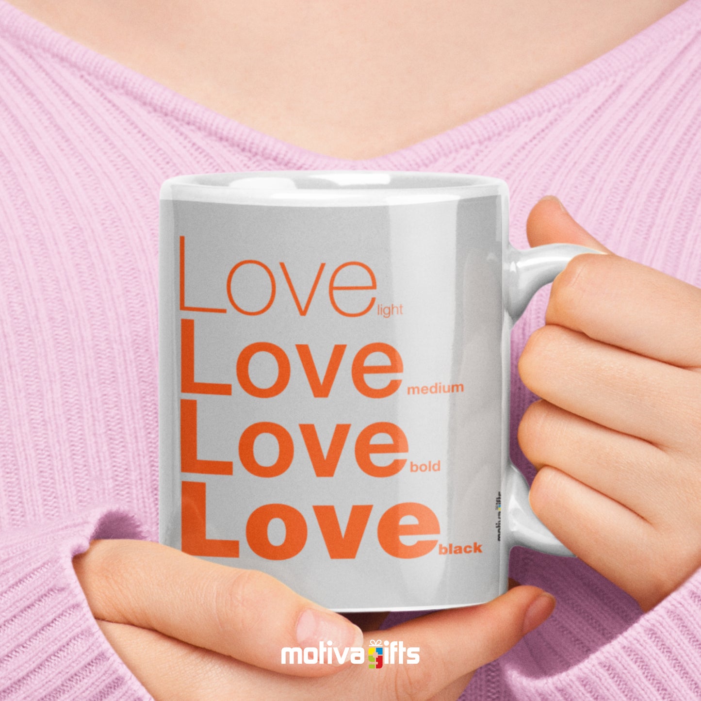 Woman holding a Love Motivate Words Grey Mug - Motiva Gifts