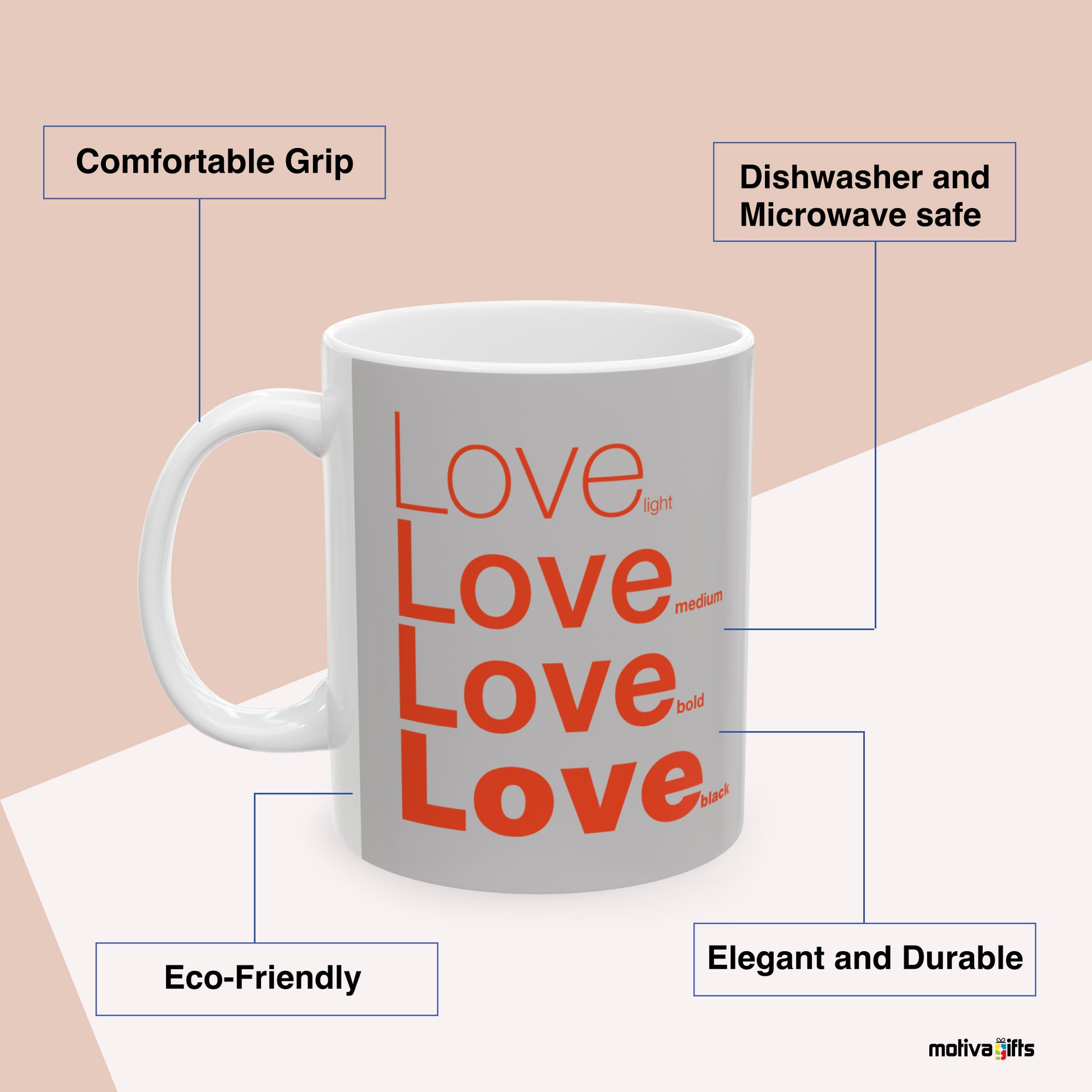 Love Motivate Words Grey Mug Benefits: comfortable grip, eco-friendly, dishwasher and microwave safe, elegant and durable. By Motiva Gifts.