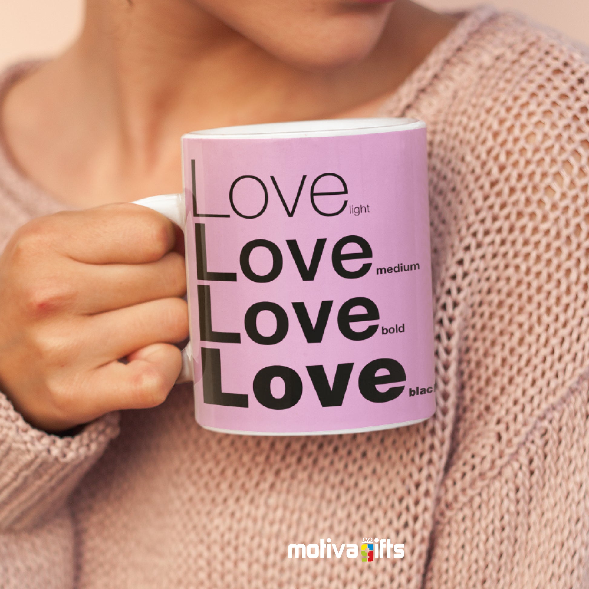 Woman holding a Love Motivate Words Pink Mug - Motiva Gifts