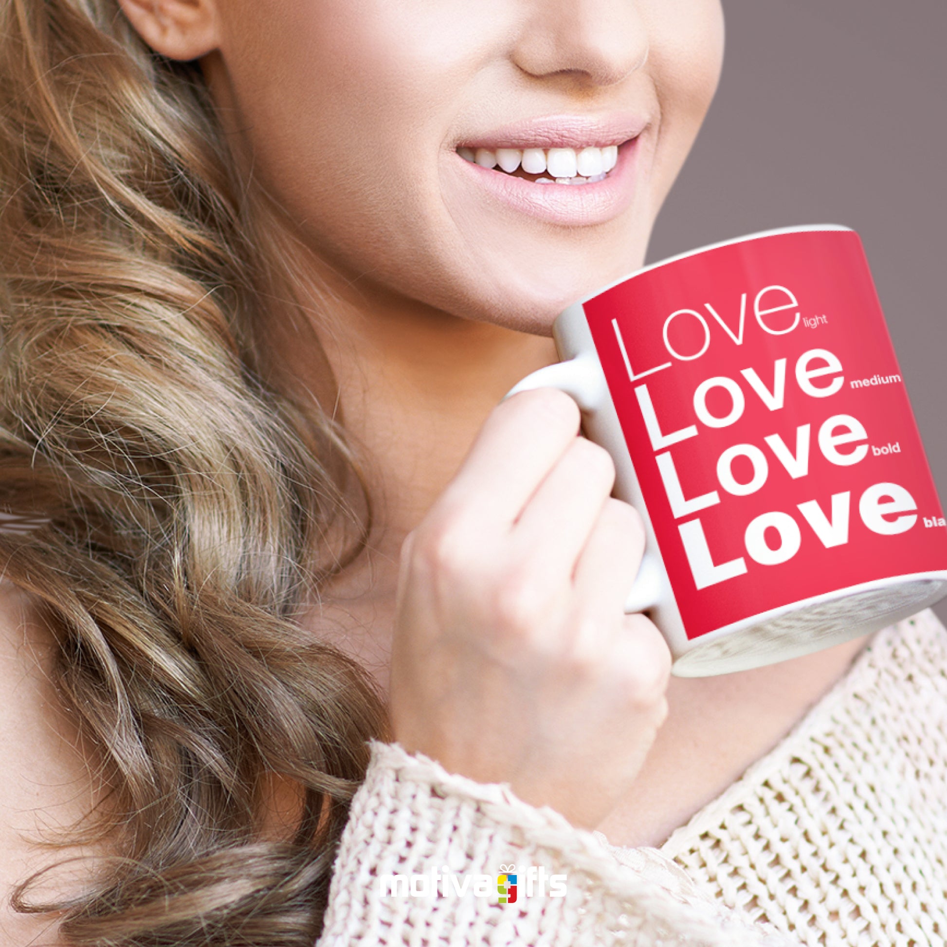 Woman holding a Love Motivate Words Red Mug - Motiva Gifts