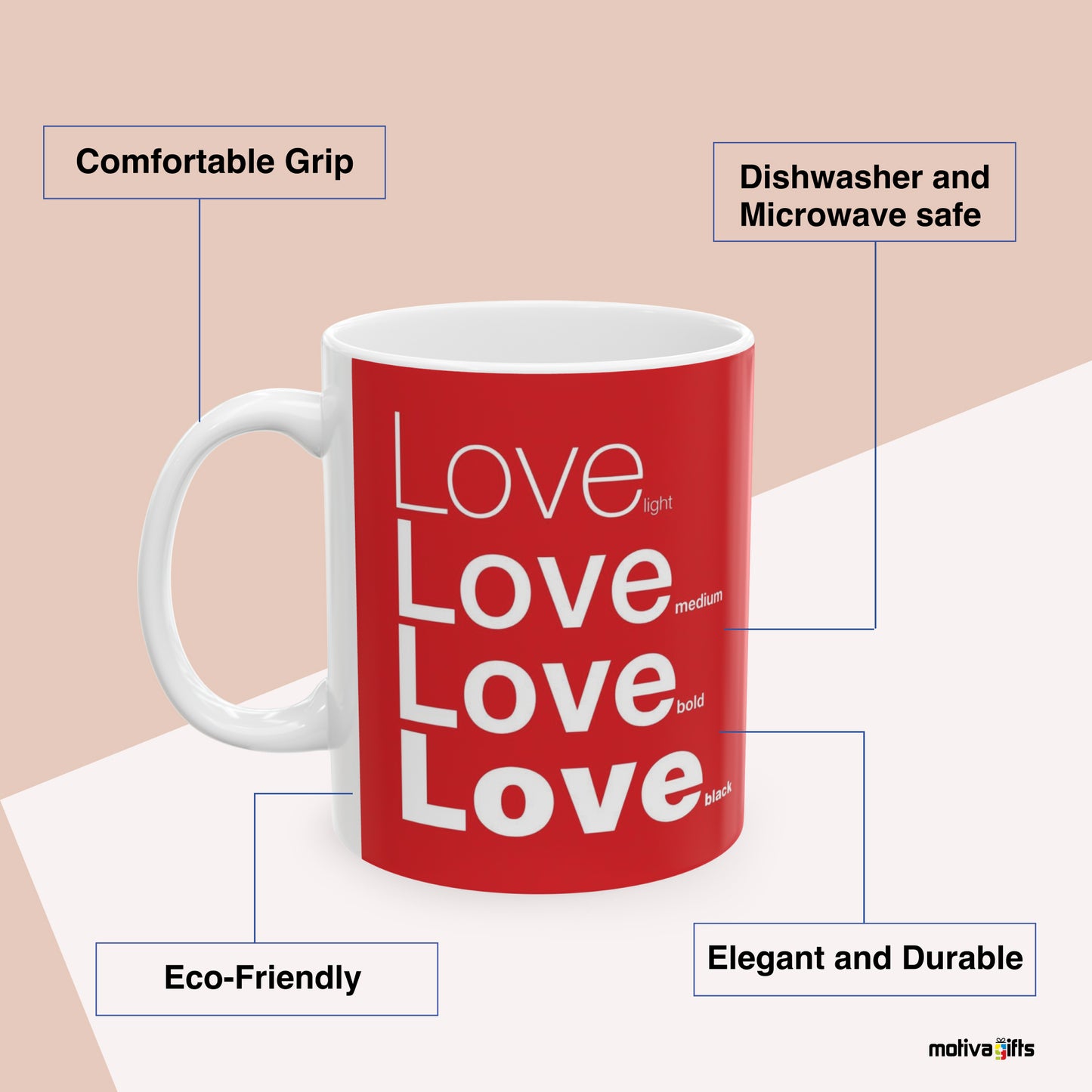 Love Motivate Words Pink Mug Benefits: comfortable grip, eco-friendly, dishwasher and microwave safe, elegant and durable. By Motiva Gifts.