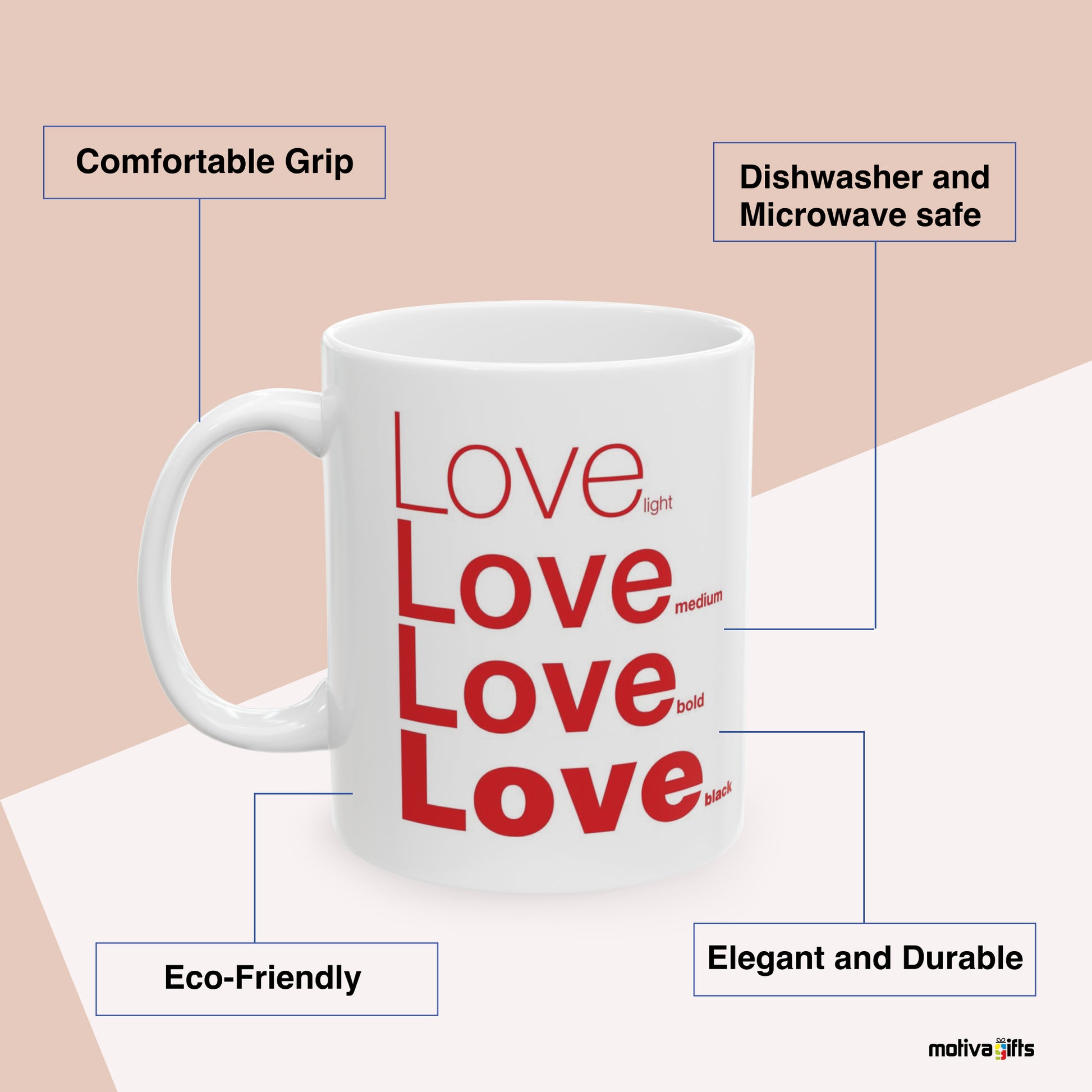 Love Motivate Words Red Mug Benefits: comfortable grip, eco-friendly, dishwasher and microwave safe, elegant and durable. By Motiva Gifts.