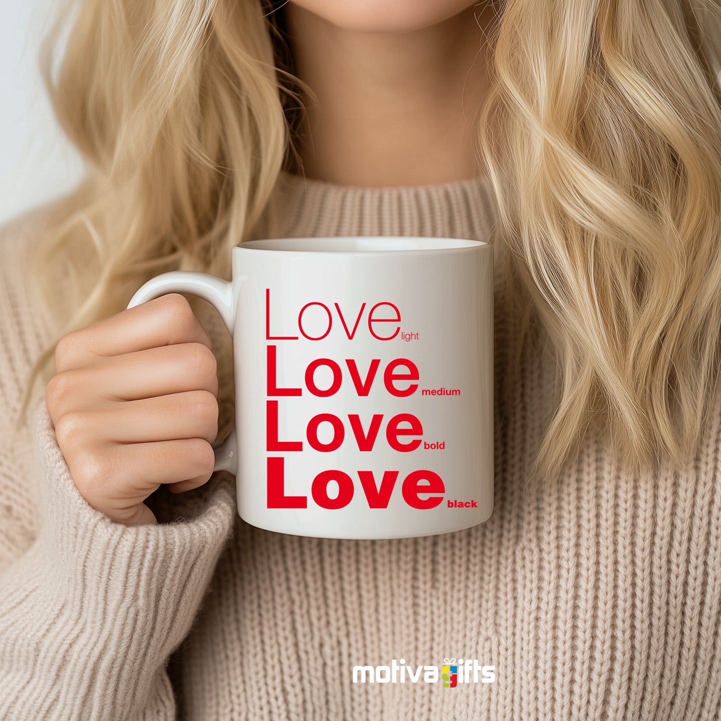 Woman holding a Love Motivate Words White Mug - Motiva Gifts