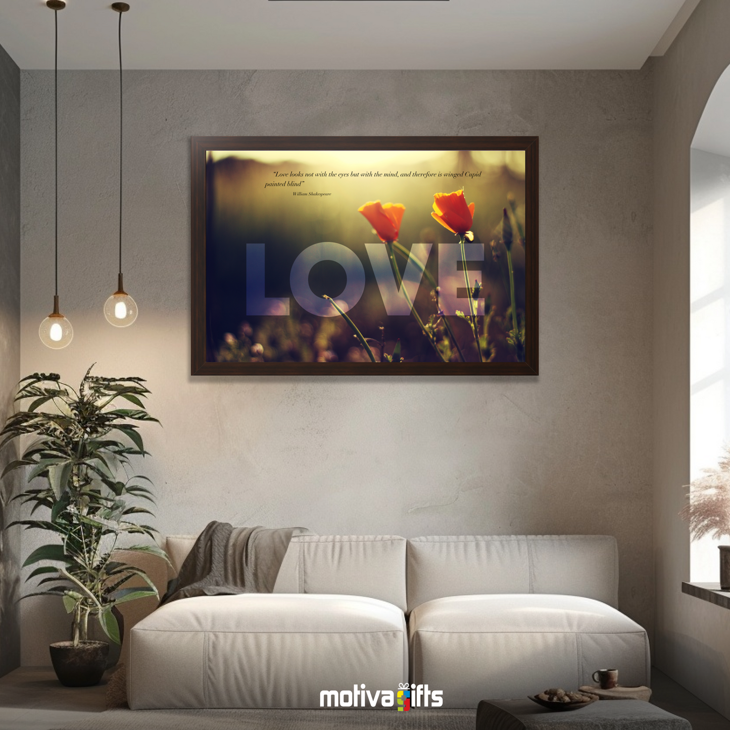 A walnut framed art wall with the word LOVE in large text and a William Shakespeare quote hangs in a modern living room. 