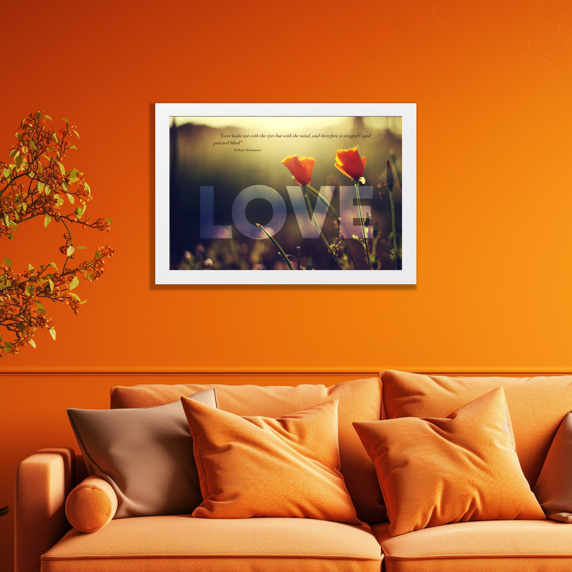 A white framed art wall with the word LOVE in large text and a William Shakespeare quote hangs in a modern living room. 