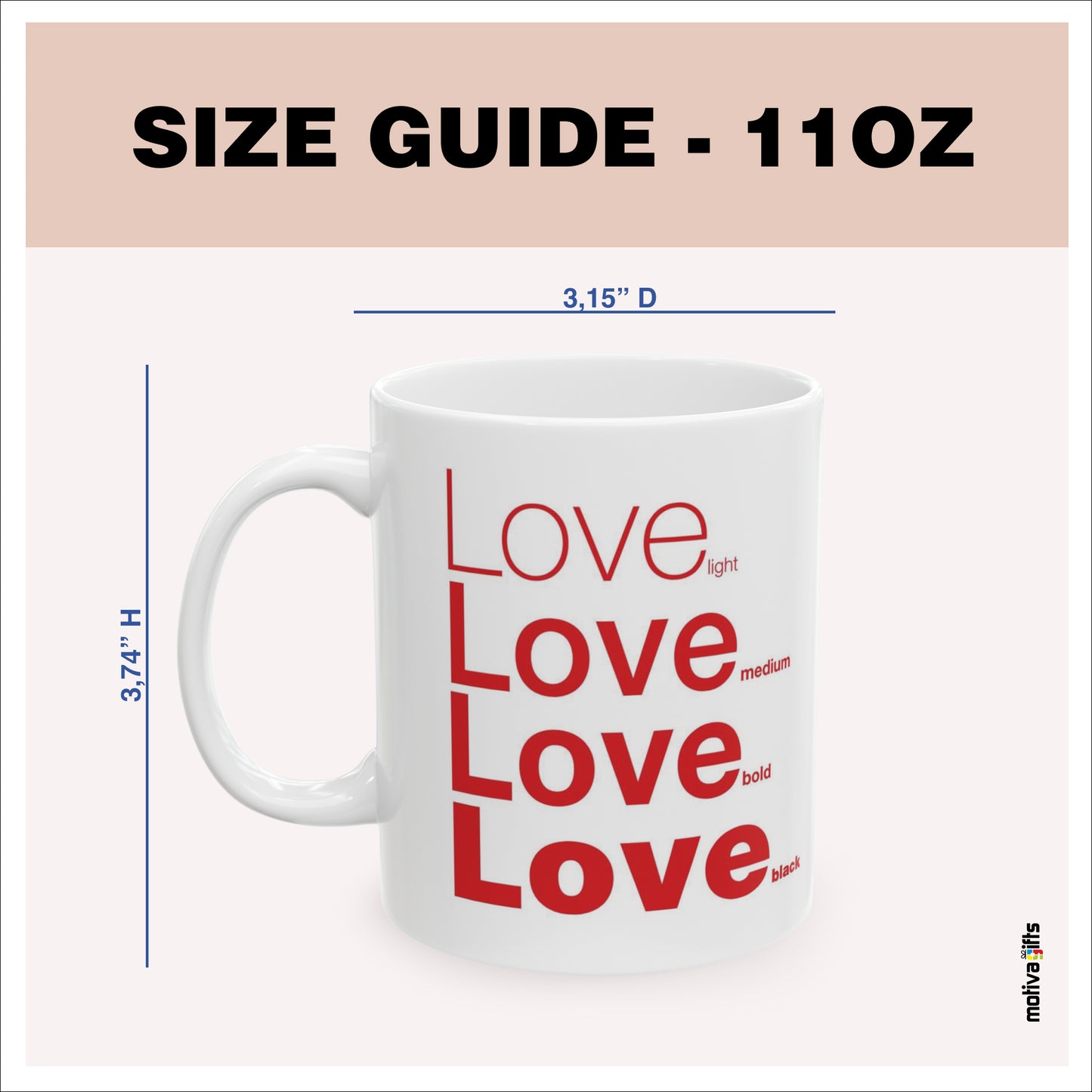 Size guide - 11 oz mug - 3.74H x3.15D