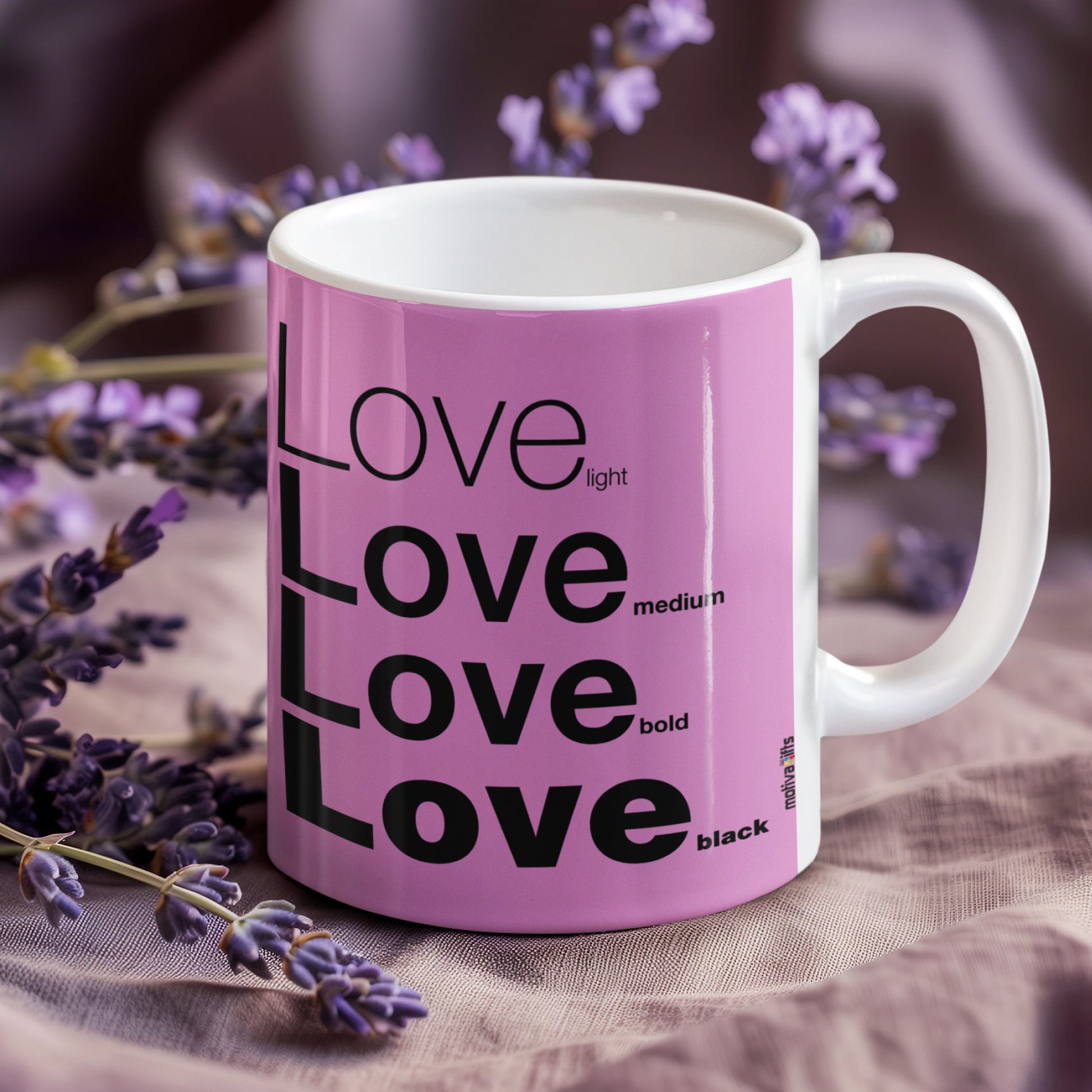 Love Pink Ceramic Mug featuring a rustic table and a lavender flower