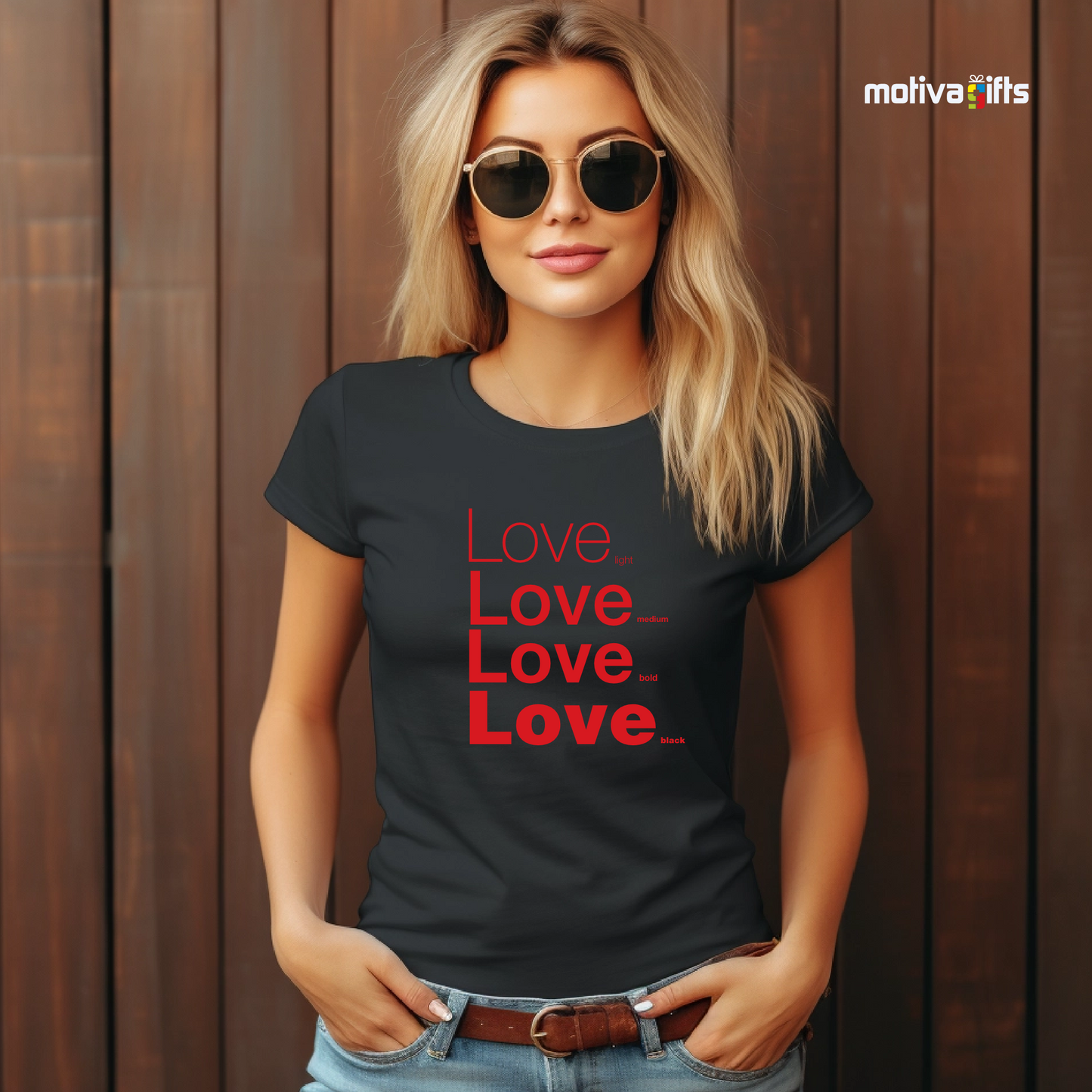 Woman using Black unisex t-shirt with Love printed in red on the front in four lines with different font weights (light, medium, bold, black). Made of cotton and polyester, short sleeves, crew neck. By Motiva Gifts.