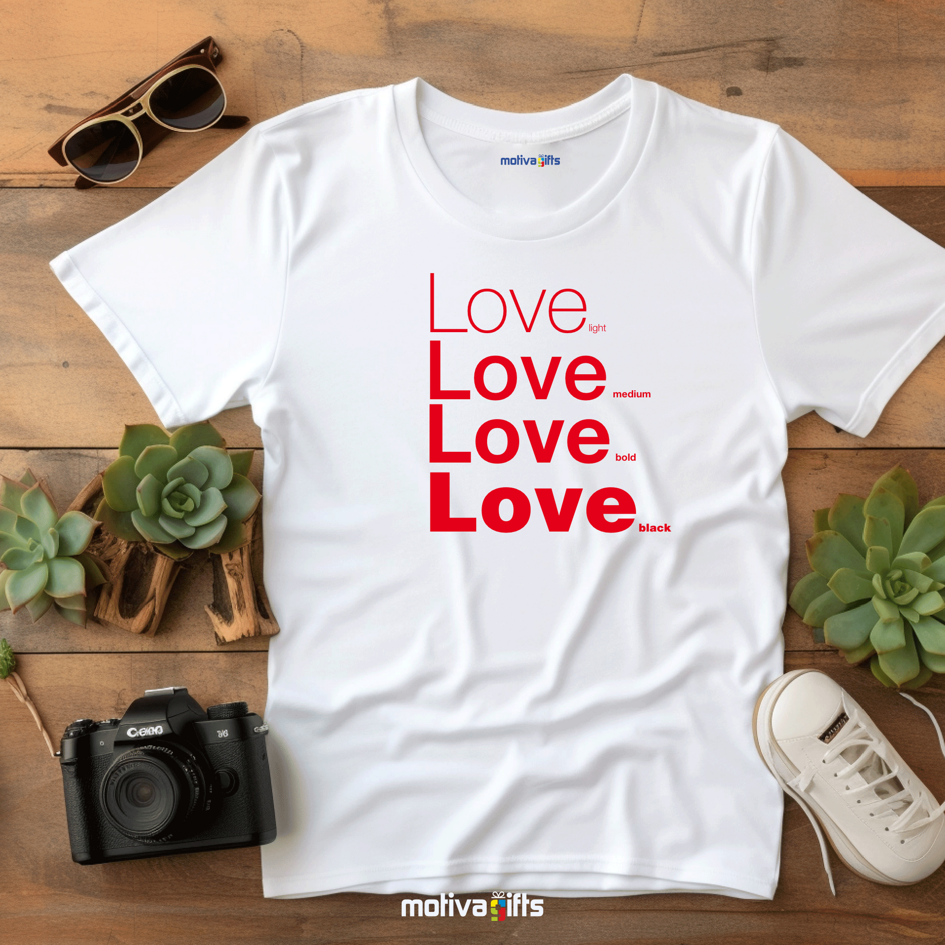 Flatlay image of a White unisex t-shirt with Love printed in red on the front in four lines with different font weights (light, medium, bold, black). Made of cotton and polyester, short sleeves, crew neck. By Motiva Gifts.