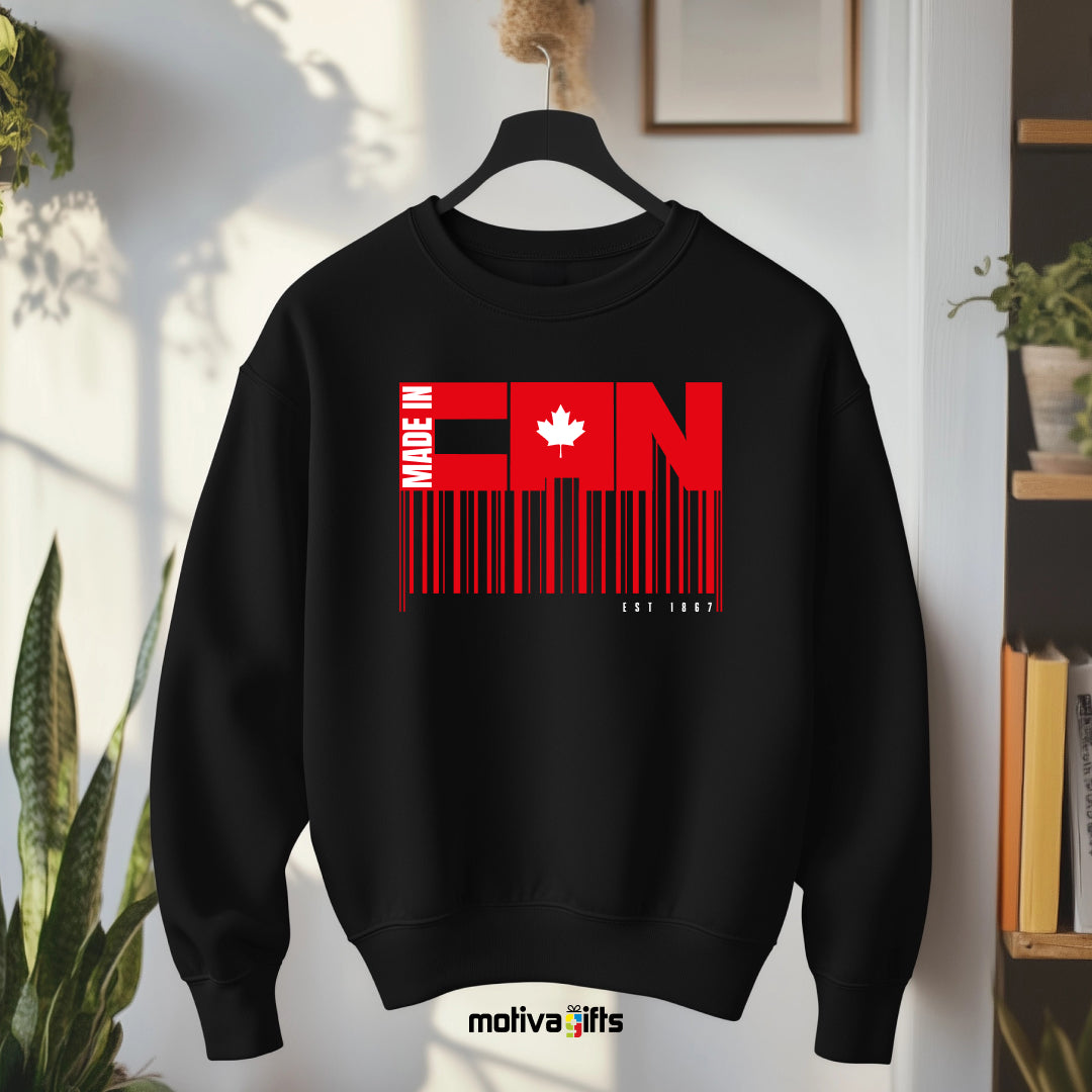 A hanging black sweatshirt featuring bold white and read typography that reads Made in CAN/Est 1867