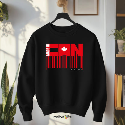 A hanging black sweatshirt featuring bold white and read typography that reads Made in CAN/Est 1867