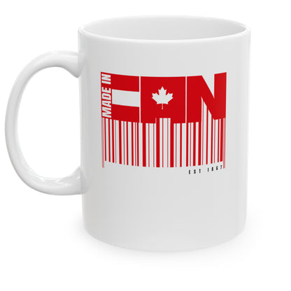 Left view white ceramic 11 oz mug that reads in red bold Made in CAN 