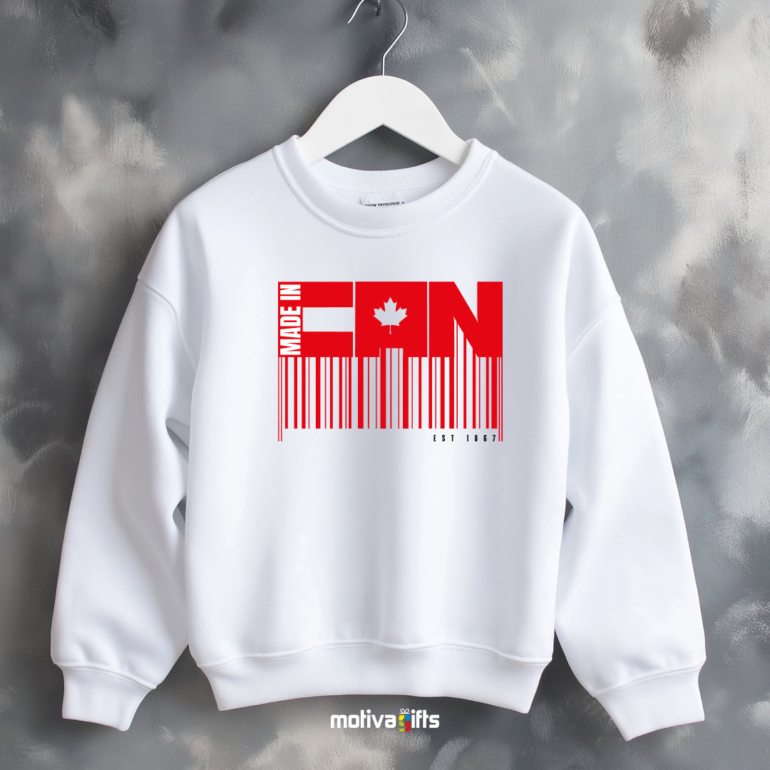 A hanging white sweatshirt featuring bold white and red typography that reads Made in CAN / est 1867 