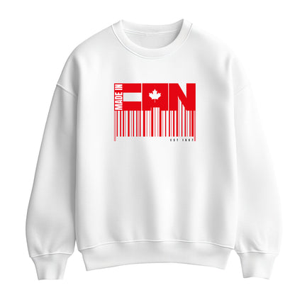 White flat-lay Sweatshirt featuring white and red typography that reads Made in CAN / est 1867 