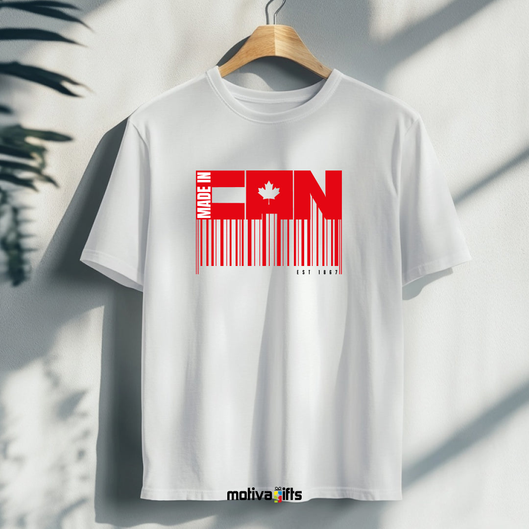 A hanging white T-shirt featuring bold white and red typography that reads Made in CAN